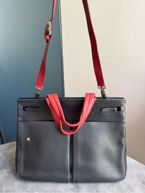 Bally Vintage Black Leather Tote and Shoulder Bag with Red Handles and Strap